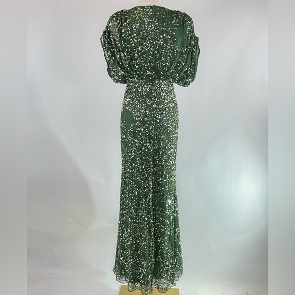 Ieena for Mac Duggal Draped Sleeve Emerald Sequin Gown, 4 - Picture 5 of 10